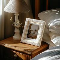 A picture frame on a nightstand next to a lamp photo