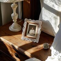 A picture frame on a table next to a lamp photo