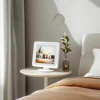 A bed with a white nightstand and a white screen photo