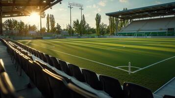 A soccer field with empty seats and a sun setting photo