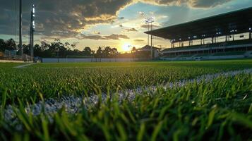 A soccer field with grass and lights at sunset photo