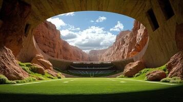 A football field inside a tunnel with a green field photo