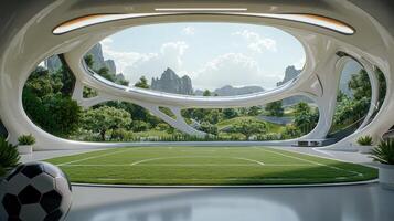 A futuristic soccer field with a ball in the middle photo