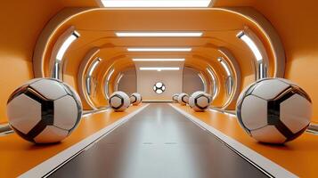 A futuristic tunnel with soccer balls on the floor photo