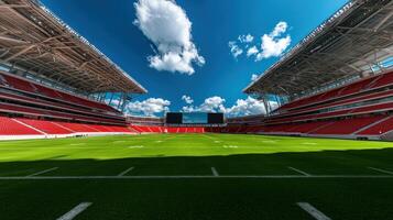 A view of an empty football stadium with a blue sky photo