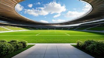 3d rendering of a modern soccer stadium with grass and sky photo