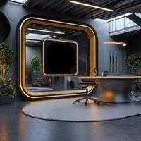 A modern office with a large screen photo