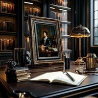A desk with a lamp, a book, a pen, and a painting photo