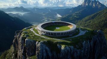An aerial view of a soccer stadium on top of a mountain photo