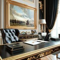 A black desk with gold trim and a painting on the wall photo