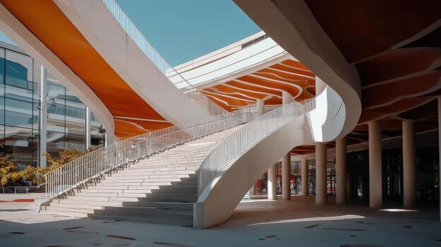 A staircase in front of a building with orange walls photo