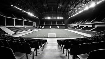 A black and white photo of a soccer field