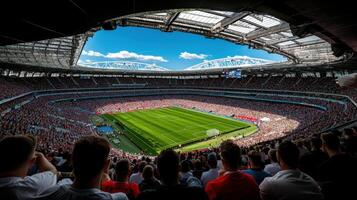A large stadium with people watching a soccer game photo