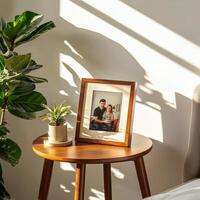 A photo frame sits on a table next to a plant