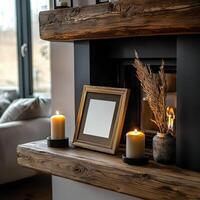 A fireplace with a picture frame and candles photo