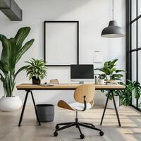 Modern office with wooden desk and potted plants photo