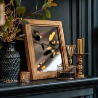 A mirror, vase and candle on a mantle photo