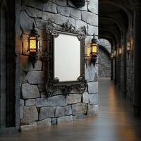 An empty frame on a wall in a hallway photo