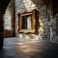 A large picture frame sitting on a stone wall photo
