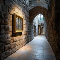 A long narrow hallway with a picture frame on the wall photo