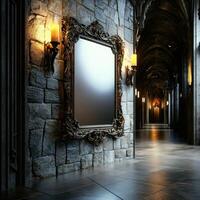 A mirror is hanging on the wall in a hallway photo