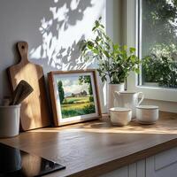 A kitchen counter with a picture of a farm scene photo