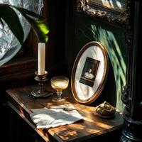 A table with a picture and a candle on it photo