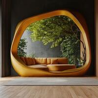 A modern sofa with a large window and a tree photo