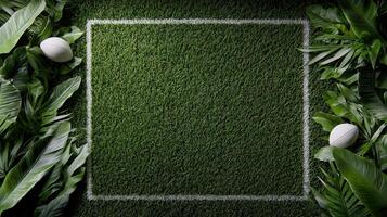 Rugby ball and grass with white eggs on the grass photo