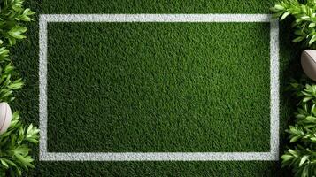 Rugby ball and grass on the field with a square frame photo