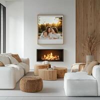 A modern living room with white furniture and a fireplace photo