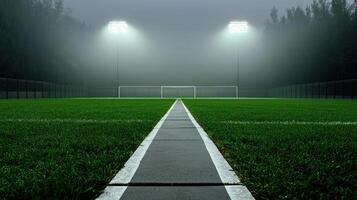 An empty soccer field with a foggy sky photo