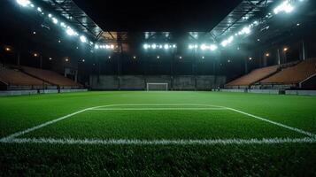 An empty soccer field with lights on photo