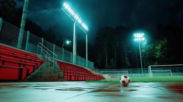 A soccer ball sits on the ground at night photo