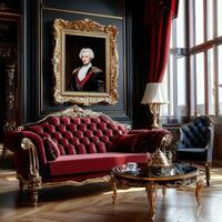 A red couch in a room with gold trim photo