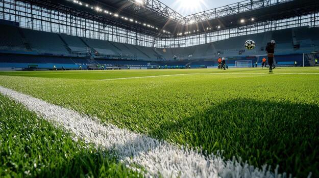Soccer field with grass and sun shining in the background photo