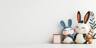 Easter bunny and bunny figurines with flowers on white background 3d render photo