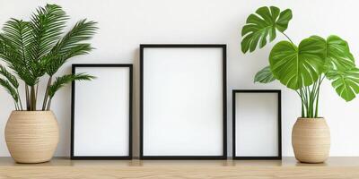 Three empty frames on a shelf with green plants photo