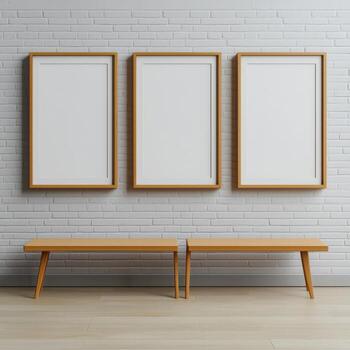 Three empty frames on a wall with a bench photo