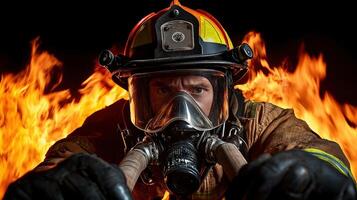 A firefighter in a helmet and protective gear is in front of a fire photo