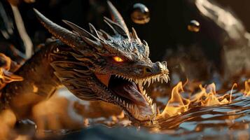 A dragon is on fire with its mouth open photo