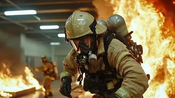 Firefighter in protective gear running through a burning building photo