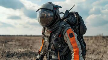 A man in an orange and black space suit is walking through a field photo