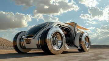 A futuristic car is driving on the desert photo