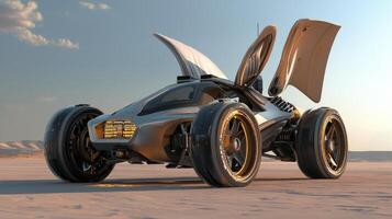 A futuristic car with wings on the side of the desert photo