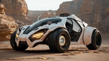 A futuristic car is driving through the desert photo