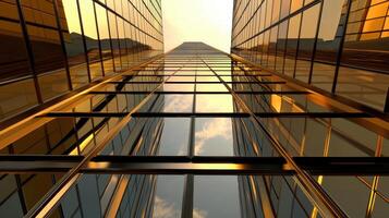 A view of a tall building with glass windows photo