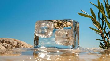 Ice cube in the sea with blue sky background photo