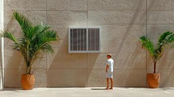 A man standing in front of a wall with two palm trees photo