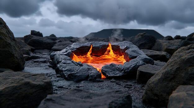 A lava pit with flames and rocks photo
